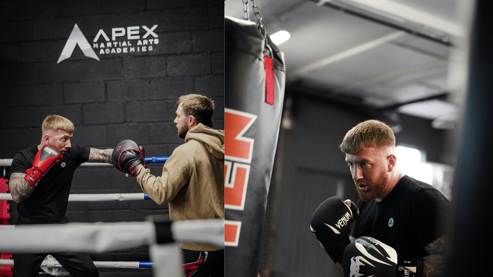 Adult Apex member training in the boxing ring beneath the Apex Martial Arts Academies sign.