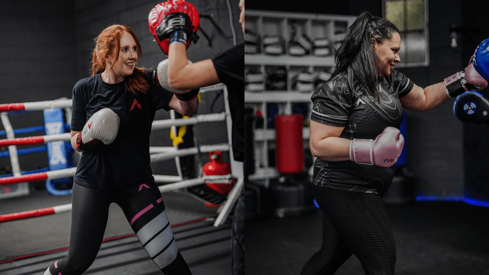 Two women training boxing combinations in the Apex gym.